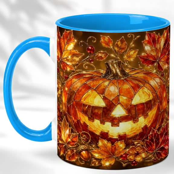Faceted Jack O Lantern Coffee Mug, Maple Leaf Mug, Ceramic 11 oz