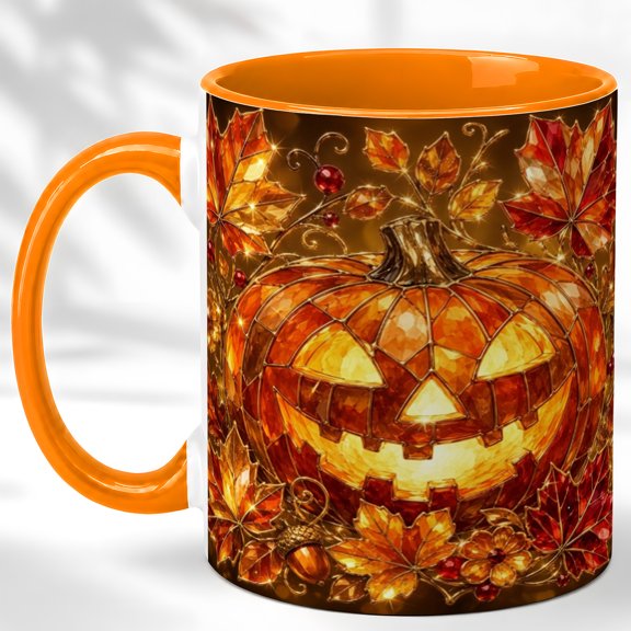 Faceted Jack O Lantern Coffee Mug, Maple Leaf Mug, Ceramic 11 oz