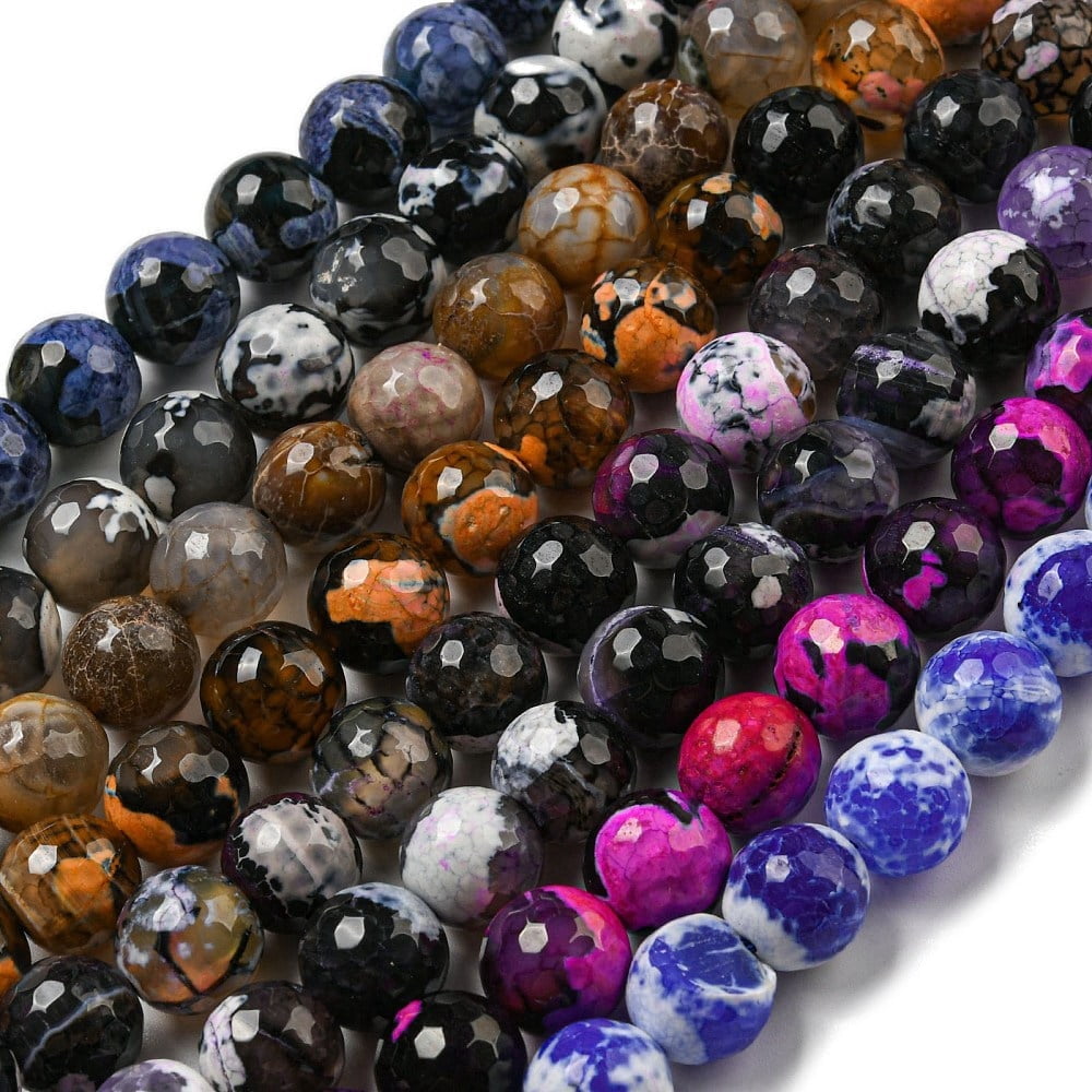 Faceted Natural Fire Crackle Agate Beads Strands Round Dyed & Heated Mixed color 12mm Hole: 1.6mm 31pcs/strand 14.76''(37.5cm) Fire Crackle Agate