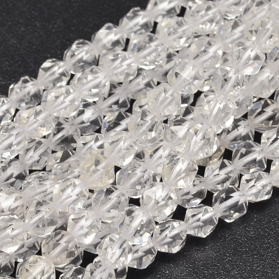 Faceted Natural Quartz Beads Strands Rock Beads Star Cut Round Beads 6x5mm Hole: 1mm about 61pcs/strand 38cm