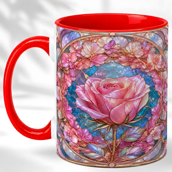 Faceted Pink Rose Accent Mug, 11oz Ceramic Coffee Cup for Rose Lovers