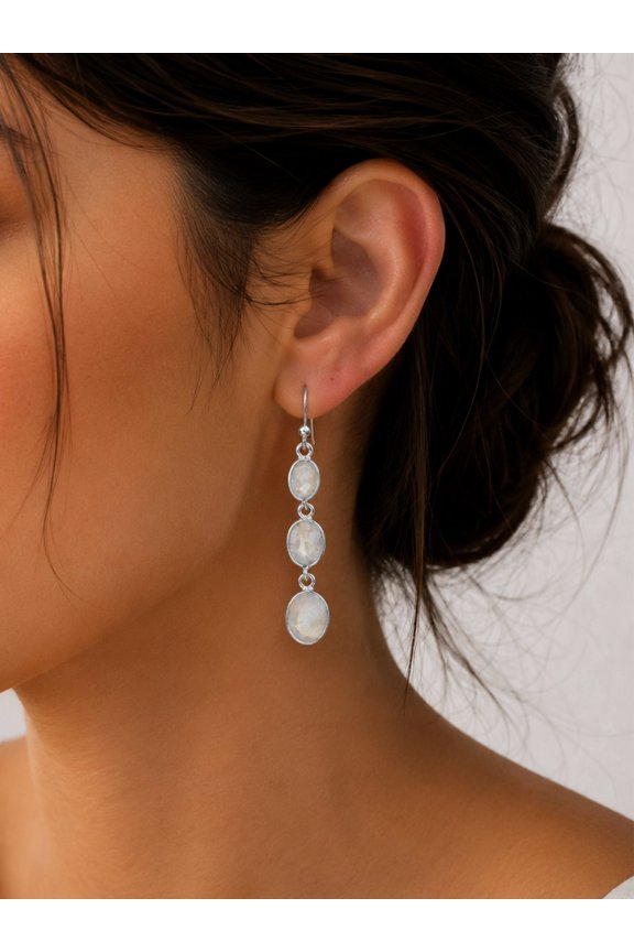 Faceted Oval Cut Rainbow Moonstone Sterling Sterling Earrings
