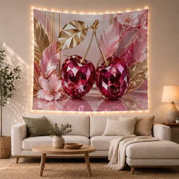 Faceted Ruby Cherries with Gold Leaf and Blossom, Romantic Retro Style for Cherry Lovers, Cherry Wall Decor Housewarming Gift, Tapestry Wall Hanging for Bedroom and Dorm