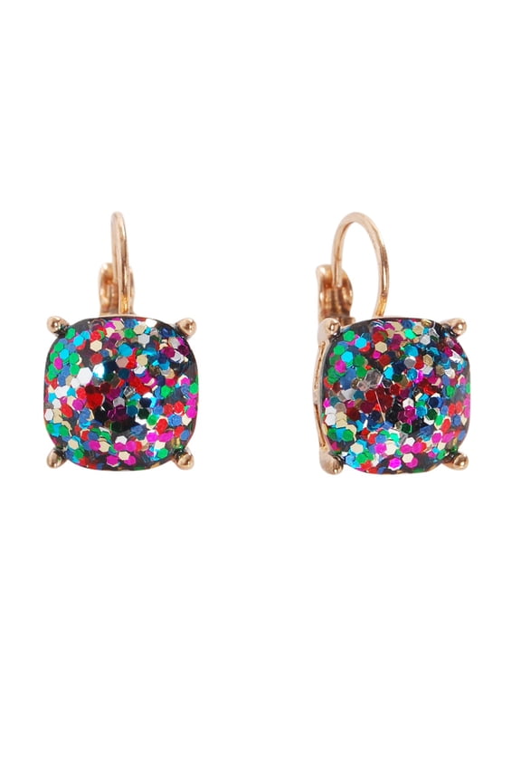 Faceted Square Glitter Dangle Earrings Cushion Cut Statement Lever-Back Drop Dangles .47" by Humble Chic NY, Confetti - Lever Back, Multi-Color, Rainbow, Multicolor, Pride, Sparkle