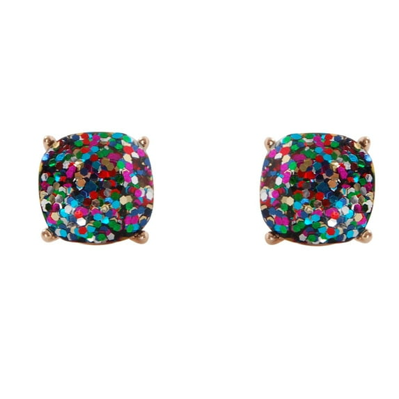 Faceted Square Glitter Stud Earrings Cushion Cut Statement Post Ear Studs .45" by Humble Chic NY, Confetti, Multi-Color, Rainbow, Multicolor, Pride, Sparkle