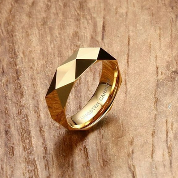 Faceted Wedding Band For Men,Mens 14K Yellow Gold Rings, Polished Beveled Edge Comfort Fit D869