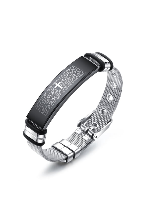 Bible Cross Strap Bracelet for Men Vintage Bible Verse Bracelet, Classic Bible Lord Prayer Bracelet Christian Bible Quote Cross Tag Bracelet Mens Cool Bible Cross Bracelet Jewelry