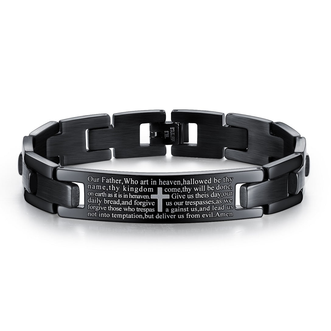 Fachoice Bible Quote Cross Bracelet for Men Bible Verse Link Chain Bracelet, Catholic Bible Cross Tag Bracelet Vintage Bible Lord Prayer Strap Bracelet Men‘s Cool Bible Quote Bracelet Jewelry