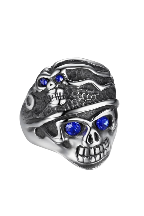 Blue CZ Skull Eyes Ring for Men Gothic Double Skull Head Ring, Blue Crystal Skull Eyes Ring Punk Silver Skull Head Biker Ring