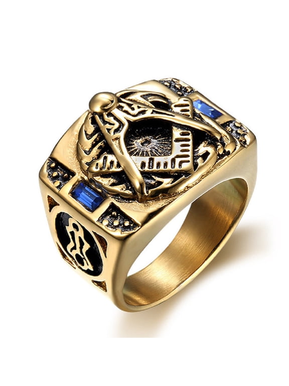 Blue Stone Freemason Ring for Men Gold Punk Masonic Symbol Ring, Masonic Compass Biker Ring Blue CZ Masonic Ring