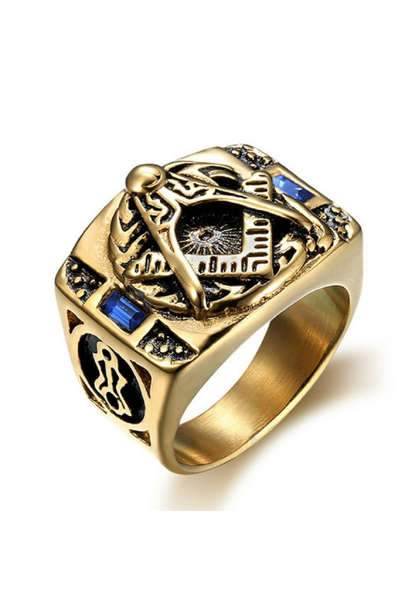 Blue Stone Freemason Ring for Men Gold Punk Masonic Symbol Ring, Masonic Compass Biker Ring Blue CZ Masonic Ring