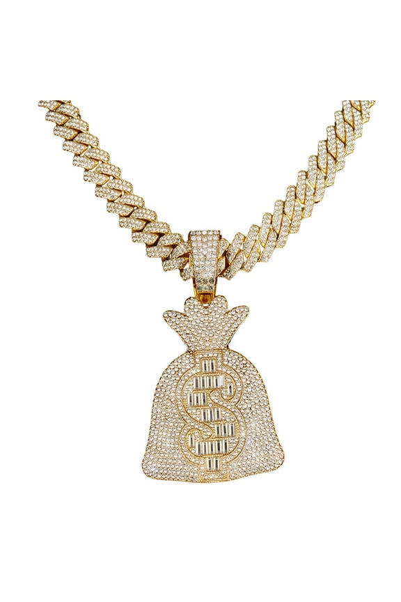 Dollar Money Bag Pendant for Men Iced Out Dollar Sign Cuban Necklace, Hip Hop Dollar Bag Cuban Chain Necklace Gold CZ Money Bag Cuban Necklace Men’s Rapper Dollar Money Bag Jewelry