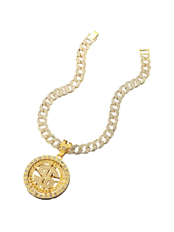 Dollar Sign Rotatable Pendant for Men Iced Out Dollar Money Cuban Necklace, Hip Hop Dollar Medal Cuban Chain Necklace Gold CZ Dollar Money Cuban Necklace Mens Rapper Dollar Symbol Jewelry