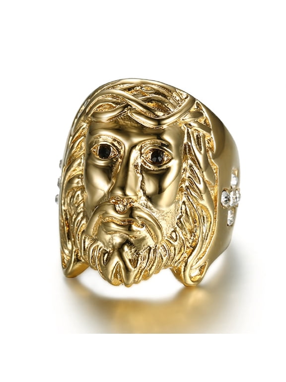 Gold Jesus Head Ring for Men Rock Jesus Face Ring, Classic Jesus God Ring Sparkly Jesus Cross Ring Christ Jesus Head Ring