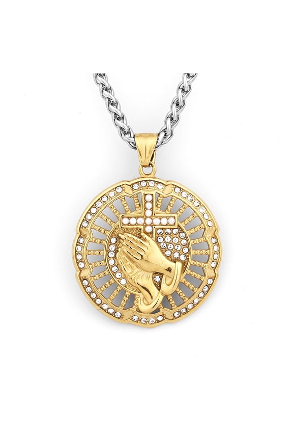 Gold Prayer Hand Circle Pendant for Men Iced Out Praying Hands Cross Necklace, Prayer Hands Hallow Necklace Men’s CZ Prayer Hand Jewelry Christian Prayer Hands Cross Charm Necklace