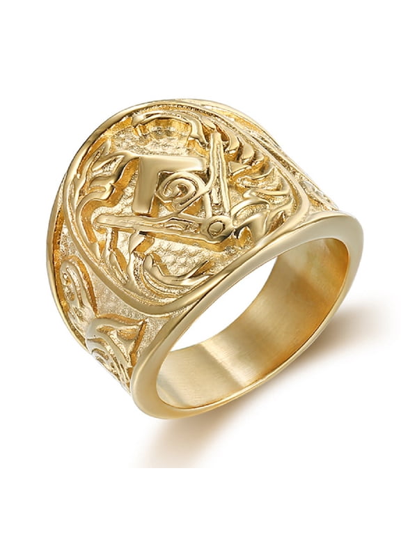 Gold Retro Masonic Ring for Men Classic Freemason Symbol Band Ring, Stylish Mason Ring Vintage Masonic Compass Ring