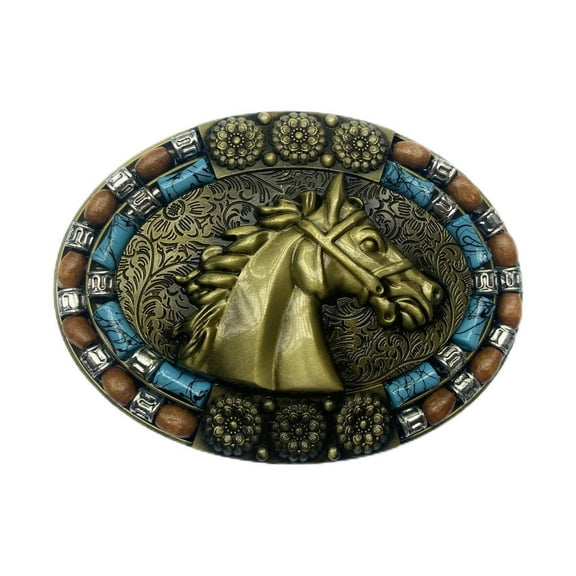 Fachoice Horse Head Turquoise Belt Buckle for Men Horse Head Oval Belt Buckle, Horse Blue Beads Belt Buckle Horse Warrior Belt Buckle