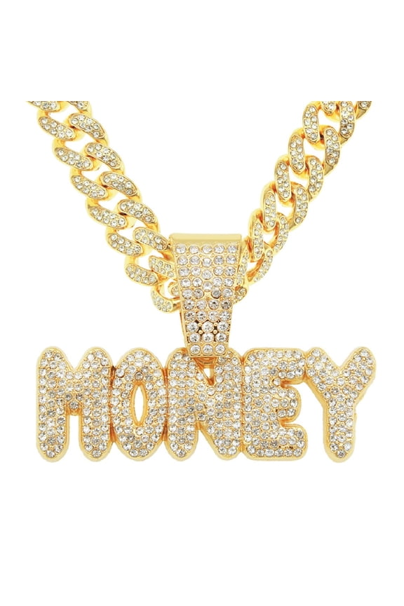 Iced Out Rhinestone Money Pendant for Men Hip Hop Money Letter Cuban Necklace, Gold CZ Money Sign Cuban Chain Necklace Lucky Money Cuban Necklace Mens Rapper Money Letter Jewelry