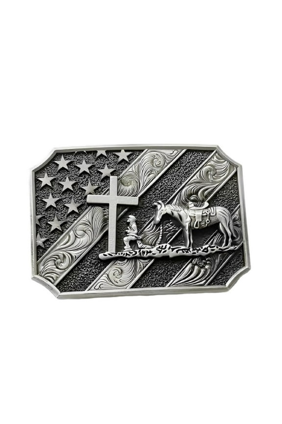 Kneeling Cross Prayer Horse Belt Buckle for Men American US Flag Horse Cross Belt Buckle, Celtic Horse Cross Belt Buckle
