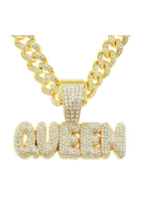 Letter Queen Pendant for Men Hip Hop Queen Cuban Necklace, Gold Sparkly Queen Cuban Necklace Iced Out Queen Cuban Chain Necklace Fashion Queen Cuban Necklace Stylish Queen Cuban Necklace
