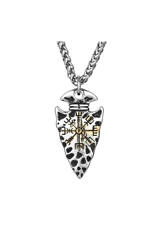 Odin Arrowhead Pendant for Men Vegvisir Spear Head Necklace, Viking Compass Spear Necklace Men’s Norse Compass Arrow Jewelry Punk Helm of Awe Amulet Charm Necklace