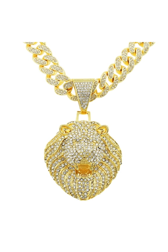 Roaring Lion Pendant for Men Hip Hop Lion Head Cuban Necklace, Sparkly Lion Head Cuban Link Chain Iced Out Lion Cuban Chain Necklace Mens Gold Stylish Lion Animal Jewelry