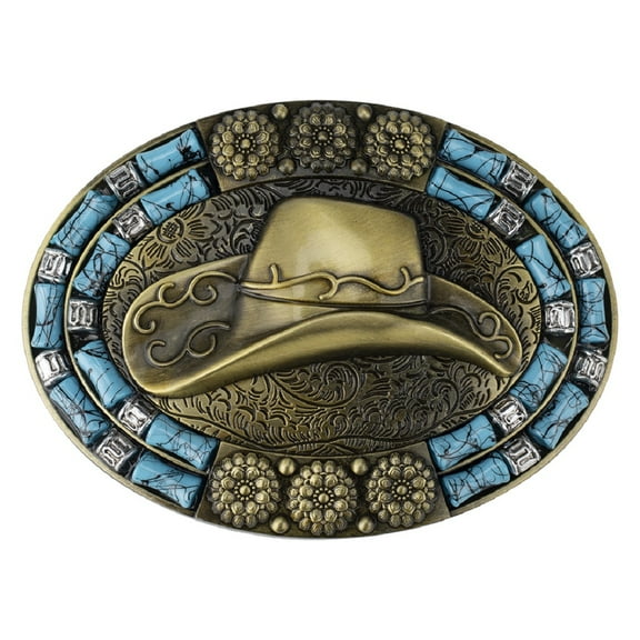 Fachoice Turquoise Cowboy Hat Belt Buckle for Men Vintage Cowboy Hat Floral Belt Buckle, Retro Cowboy Hat Western Belt Buckle