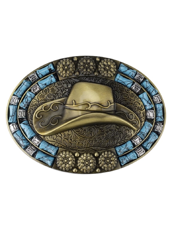 Turquoise Cowboy Hat Belt Buckle for Men Vintage Cowboy Hat Floral Belt Buckle, Retro Cowboy Hat Western Belt Buckle