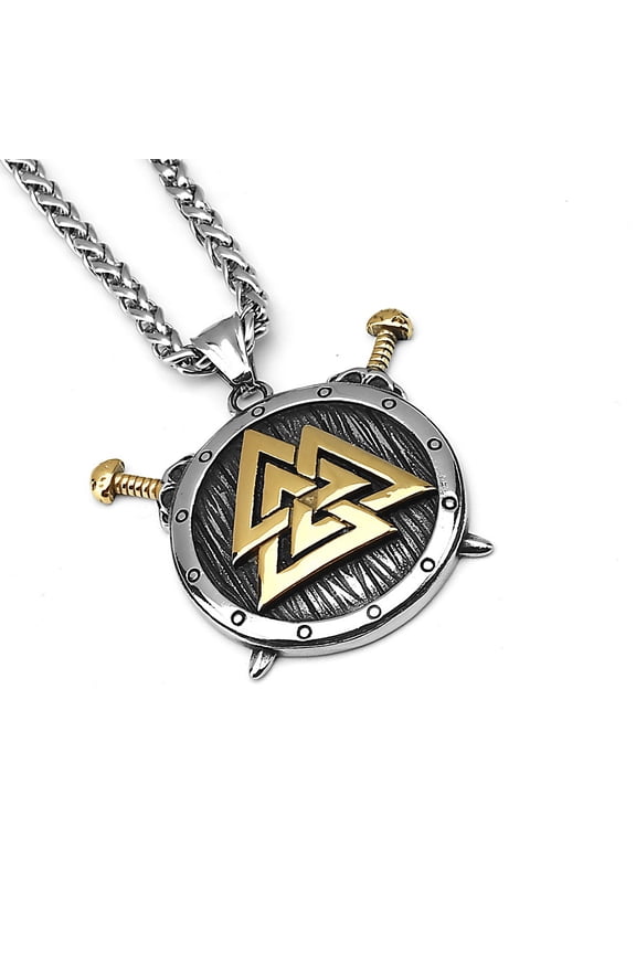 Valknut Sword Shield Pendant for Men Viking Valknut Shield Necklace, Norse Crossed Sword Necklace Men’s Punk Valknut Odin Warrior Jewelry Valknut Amulet Circle Charm Necklace