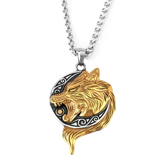 Fachoice Wolf Crescent Moon Pendant for Men Howling Wolf Head Moon Necklace, Viking Wolf Totem Necklace Men’s Wild Wolf Animal Moon Jewelry Celtic Wolf Head Moon Charm Necklace