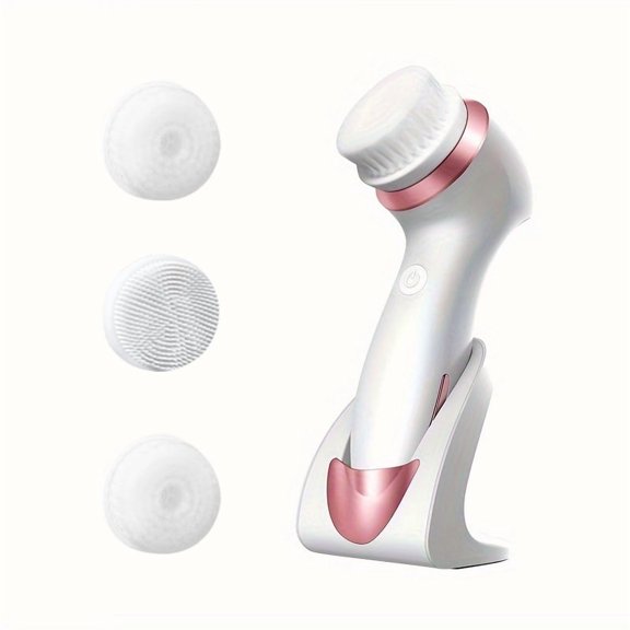 Facial Cleansing Brush,3 in 1 with 3 Brush Heads, USB Rechargeable,Rose Gold with Purple Massage Head,360 Rotating Cleansing Technology,2 Speed Modes for All Skin Types