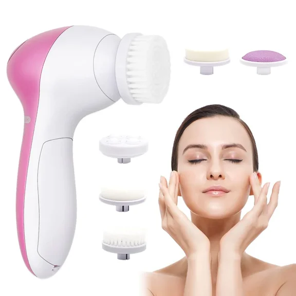 Facial Cleansing Brush, Body Facial Brush 5 in 1 Waterproof Electric 2-stage rotation speeds for removing blackheads, peeling and massaging-pink