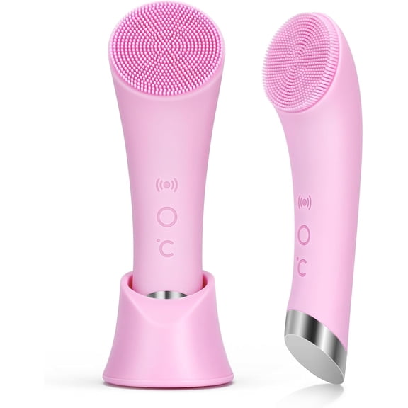 Facial Cleansing Brush, Rechargeable Silicone Face Scrubber with Heat Massage End, Vibrating Exfoliator Scrubber for Deep Cleaning, Waterproof Face Brush for Women and Men (Pink)