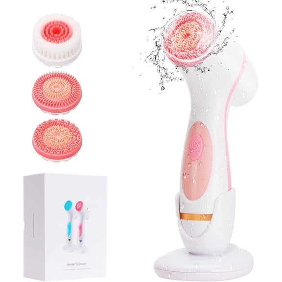 Facial Cleansing Brush, Waterproof Dual-Rotation Face Scrubber with 3 Brush Heads & 2 Speed Settings, Rechargeable Exfoliating Face Brush for Deep Cleansing & Daily Skin Care (Pink)