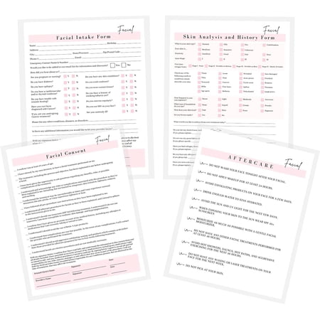 Facial Client Intake Forms, Intake, Consent, Aftercare Instruction 75 pk 25 of each form Skin Analysis Information Sign Papers 8.5x11 Form Book Pink Aftercare cards
