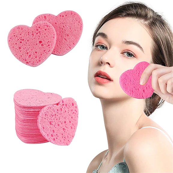 Triani 60Pcs Pink Facial Exfoliating Sponge, Heart Shape Cosmetic Spa Sponges for Face Cleansing ,Compressed Facial Sponges, Makeup Removal Sponge Pad