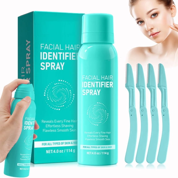 Facial Hair Identifier Spray, Safe Face Shaving, Instant Skin Smoothing, 1 Identifier Spray + 4 Dermaplaner