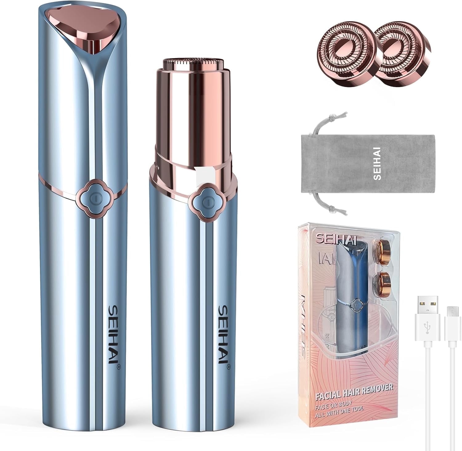 Facial Hair Remover for Women's Face Chin Lip Mustache Neck Armpit Peach Fuzz, SEIHAI Electric Painless Hair Removal Device with 2 Replacement Heads