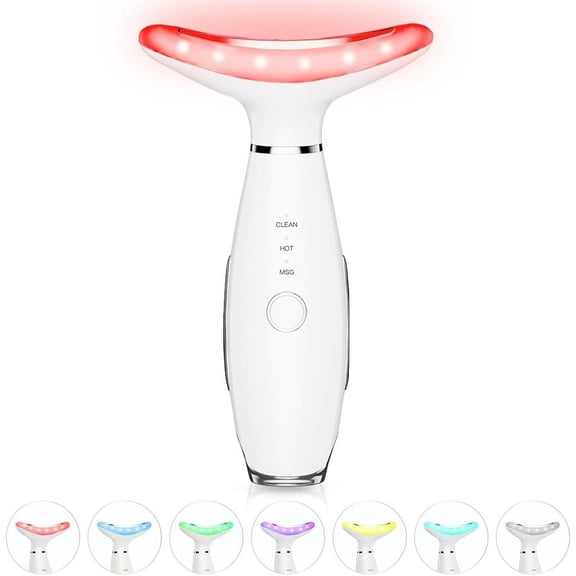 Facial Massager -7 Color Red-Light-Therapy for Face and Neck for Wrinkles, Double Chin, Vibrating Facial Massager with Thermals (White)