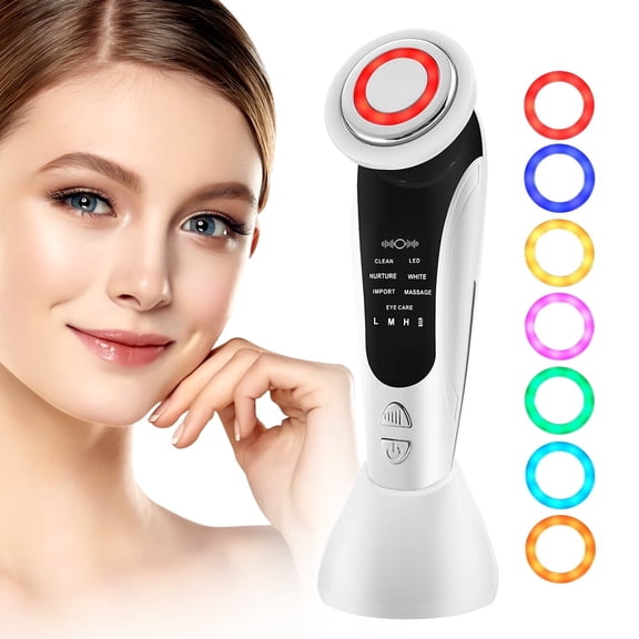 Facial Massager Beauty Device, Electric Face Lifting Skin Tool, Led Light Beauty Tool with 7 Colors Modes, 15min Auto Off, Skin Tightening, Pore Cleansing, Skin Rejuvenation, White
