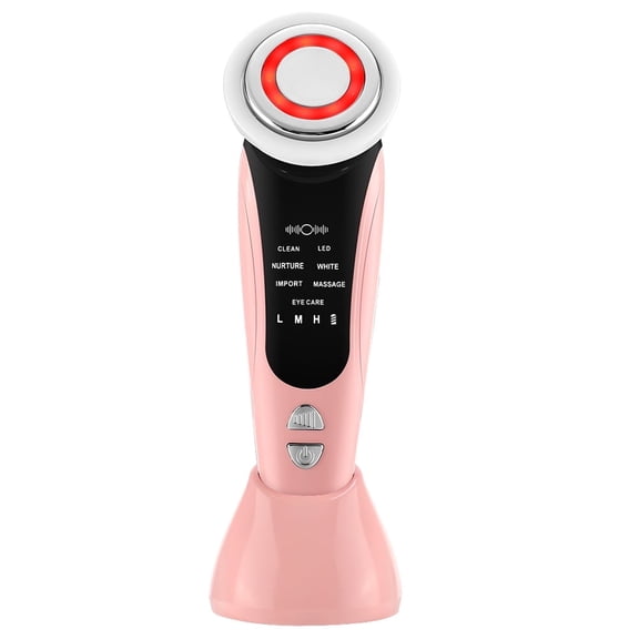 Facial Massager, Led Light Beauty Device, 7 in 1 Skin Care Tool with 7 LED Light Modes, 3 Level Vibration, 15min Timing for Skin Rejuvenation, Lifting, and Pore Cleansing, Pink