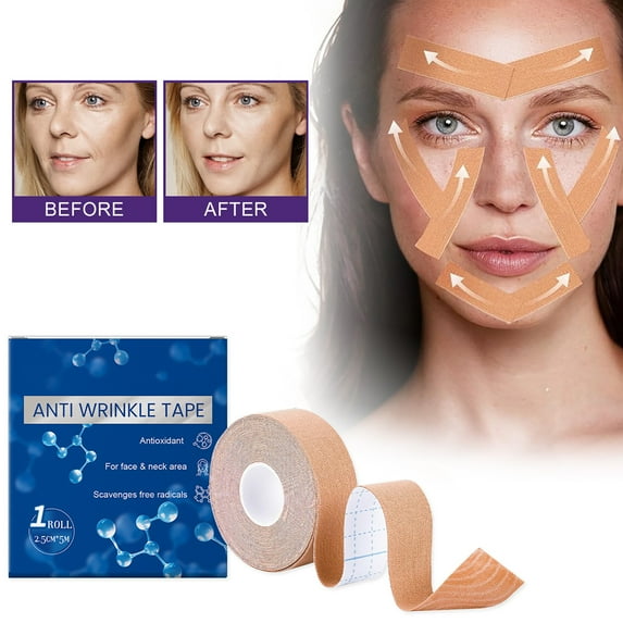 Facial Myofascial Lift Tape - Wrinkle Reducing Face & Neck Tape for Firming, Tightening, Smoothing Forehead & Cheek Wrinkles - Waterproof, Reusable, 2.5cm x 5m Roll