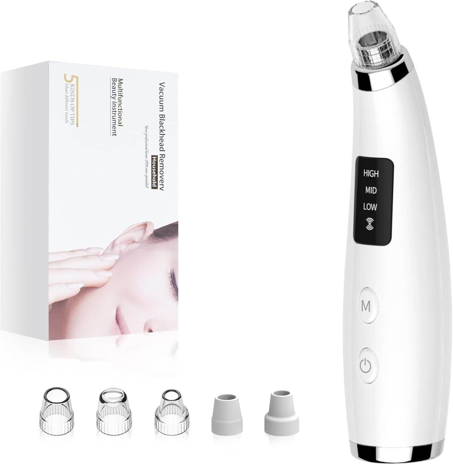 Facial Pore Blackhead Remover Vacuum - Face Cleaner and Blackhead Extractor with 3 Adjustable Suction Levels, 5 Probes, USB Charging Interface