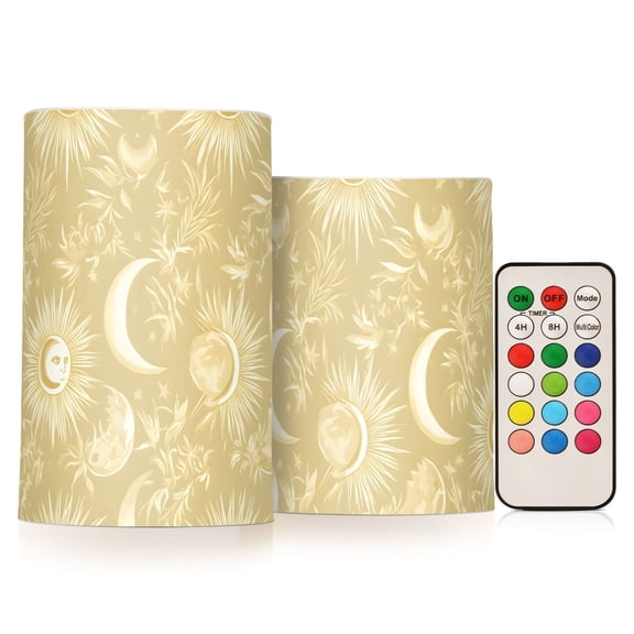 Facial Sun Moon Pattern Flameless LED Candle Set with Remote, Battery Operated Color Changing Pillar Candles, Set of 2