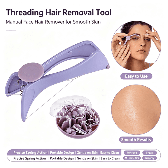 Facial Threading Hair Removal Tool - Reusable Cotton Thread Tool Epilator for Eyebrow Face Body Grooming, Portable Beauty Accessory with Replacement Thread