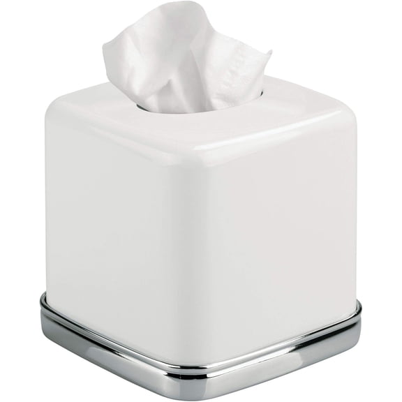 Facial Tissue Box Cover, Vintage Holder for Bathroom Vanity Countertops, 5.75" 5.75" 5.5", Chrome and White