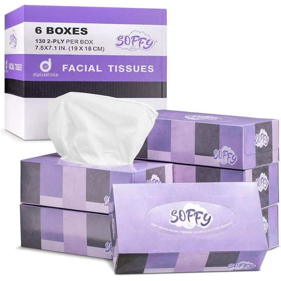 Facial Tissue Paper 130 Tissues Per Box, 6 Boxes Car and Travel Tissue Packs