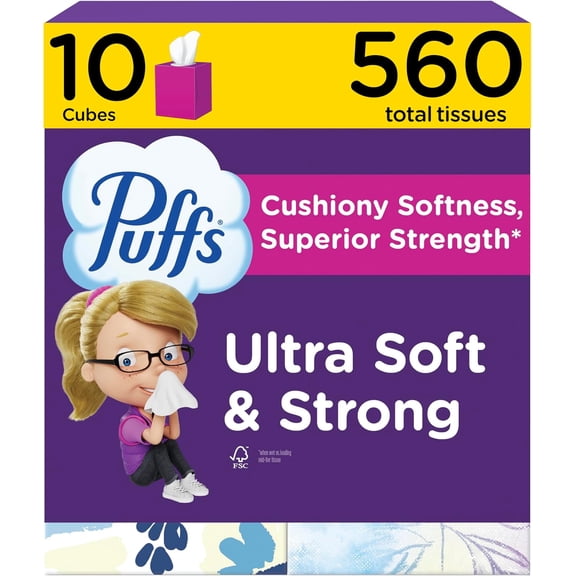 Facial Tissue Ultra Soft Non-Lotion, 10 Cube Boxes, 56 Facial Tissues per Box, Allergies and Colds (Packaging May Vary)