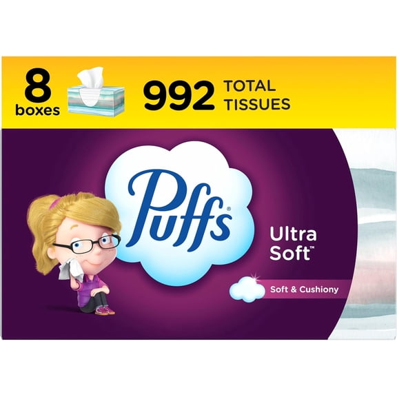 Facial Tissue Ultra Soft Non-Lotion, 8 Rectangle Boxes, 124 Facial Tissues per Box, Allergies and Colds (Packaging May Vary)