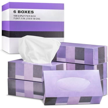Facial Tissues, 2 Ply White Tissue - 130 Tissues Per Box, Car and Travel, Face Tissue 7.5" x 7.1", (Pack of 6) Tissue Box